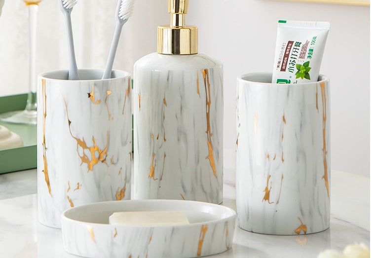 Ceramic Marble Print Bathroom Vanity Wash Set
