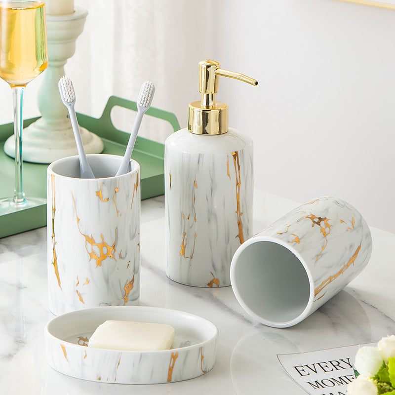 Ceramic Marble Print Bathroom Vanity Wash Set