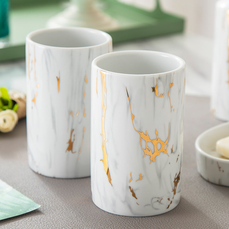 Ceramic Marble Print Bathroom Vanity Wash Set